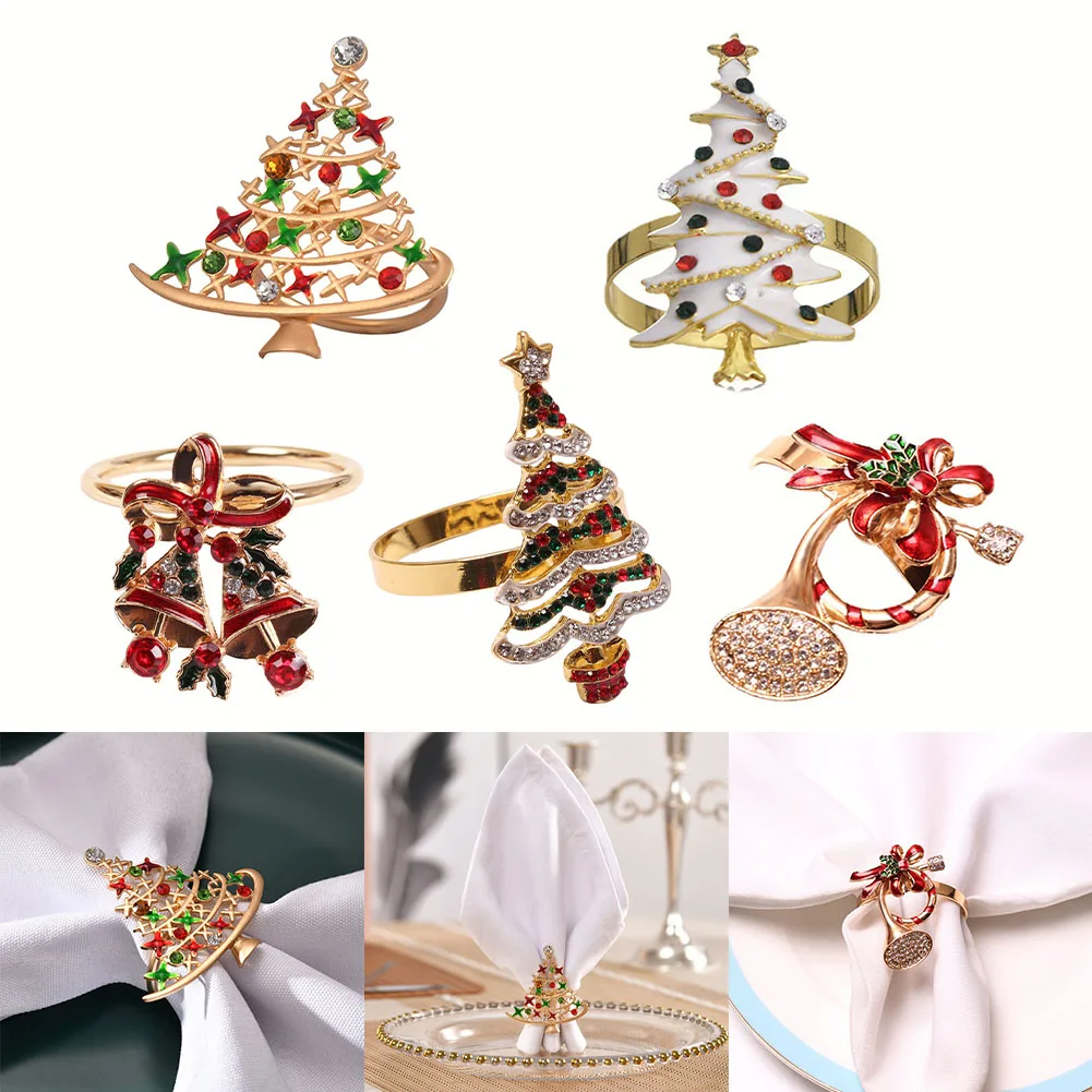 

6pcs Christmas Tree Elements Napkin Buckle Hotel Dining-Table Napkin Buckle Craft Napkin Holder Party Wedding Xmas Decor