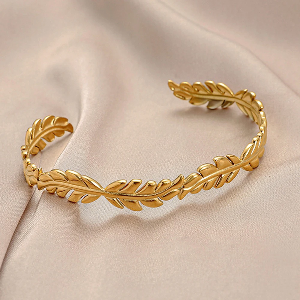 

Fashion Gold Color Leaf Cuff Bracelet Stainless Steel Jewelry Personalized Vintage Open Bangle For Women Gift Accessories