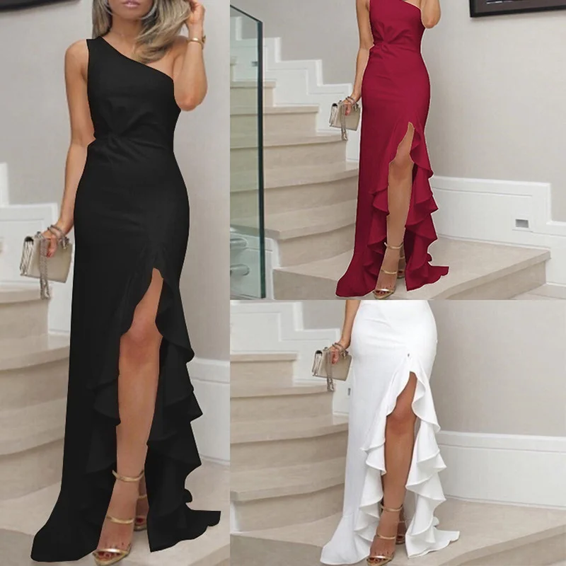 

2019Women One-Shoulder Party Long Dress Ladies Summer Evening Party Gown Elegant Dress Black White Ruffle Sleeveless Sundress