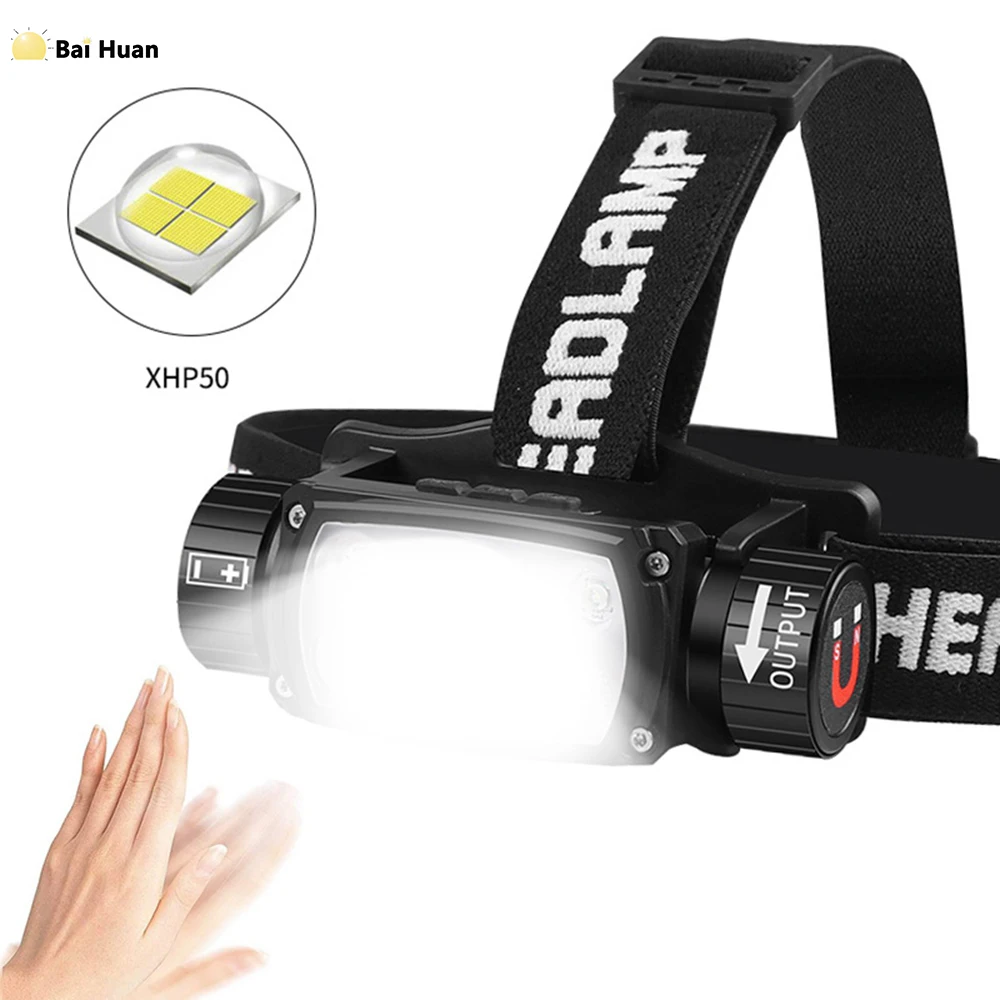 Super Bright Headlamp Powerful LED USB Rechargeable Induction Headlight 18650 Battery XHP50 Flashlight Night Outdoors Camping