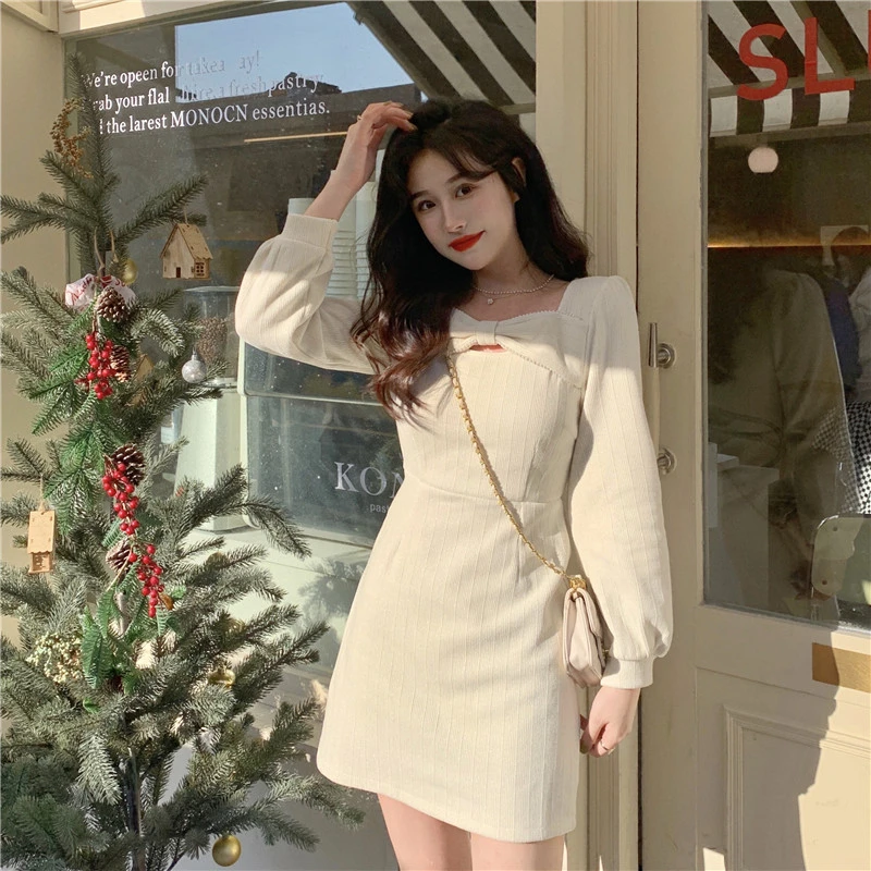 

Corduroy Long Sleeves Womens Dress Spring Short Skirt Chic Design Square Collar Casual Black Bow Tie French Fashion Female Dress