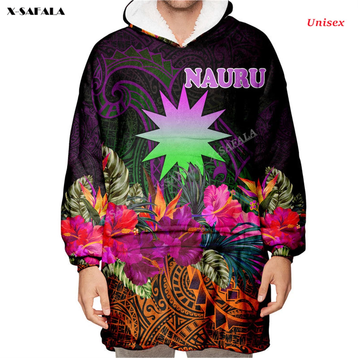 Nauru Summer Hibiscus Print Winter Oversized Hooded Wearable Blanket Hoodie Robes Thicker Flannel Pocket Men Female Sleepwear