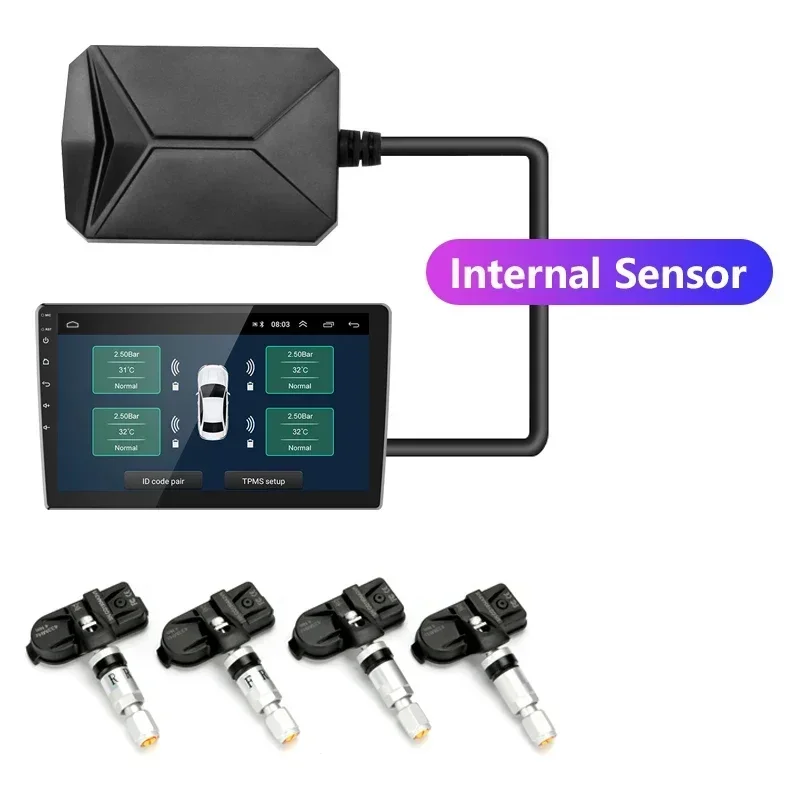 

USB Android TPMS Система контроля давления в шинах Дисплей Сигнализация 5 В Внутренние датчики для автомобильной навигации Автомобильный радиоприемник 4 датчика
