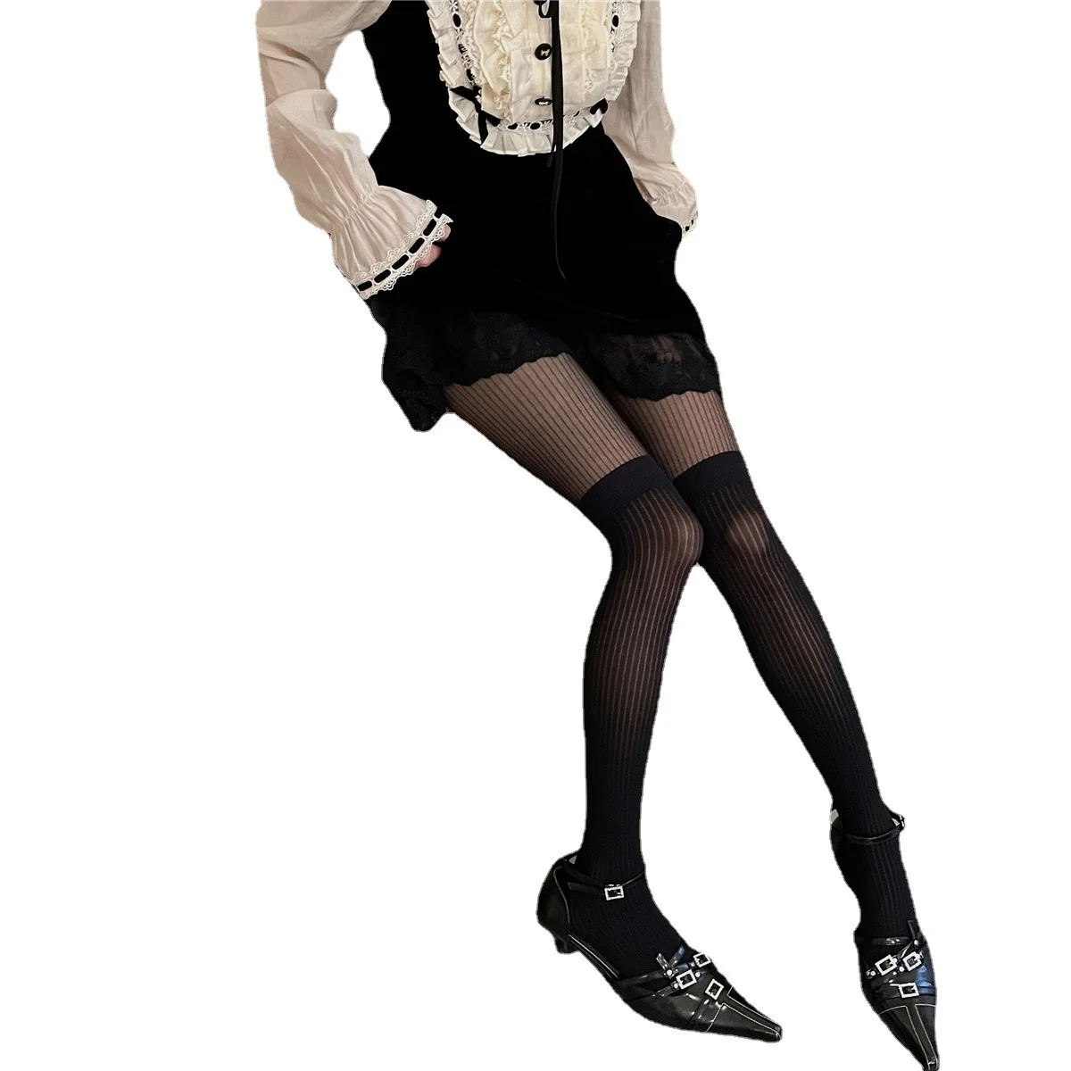 Spliced Vertical Stripes Show Thin Silk Socks Milk White JK Lolita False High Sleeve Pantyhose Female
