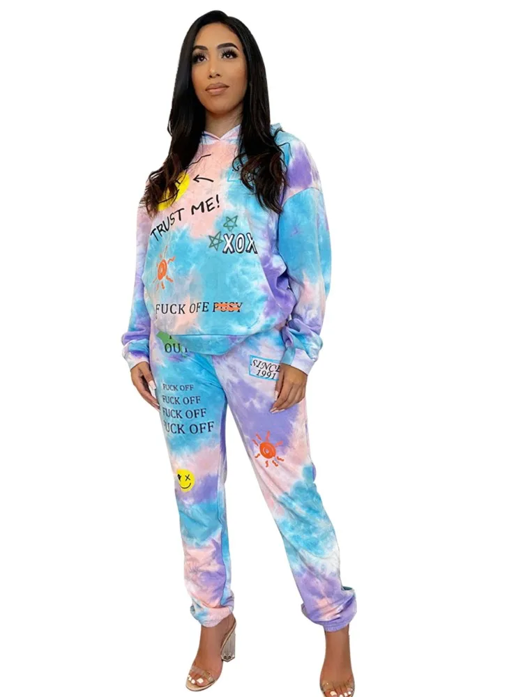 

Two Piece Tracksuit Set Women Hooded Tops And Sweat Pants Suit Autumn New Letter Print Tie Dye High Street Matching Set Outfits