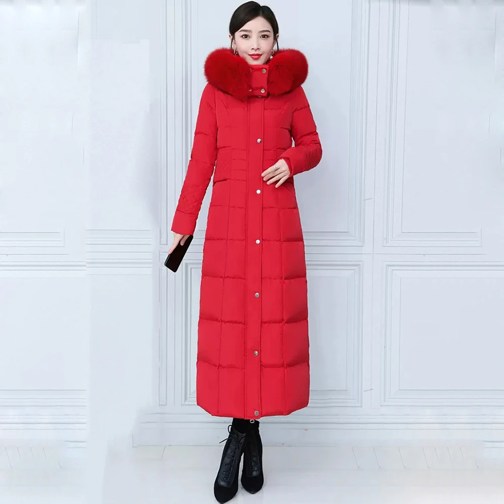 New Women Winter Lengthened Down Coat Fashion Detachable Hooded Real Fox Fur Collar Thicken Warm Slim Down Overcoat Female