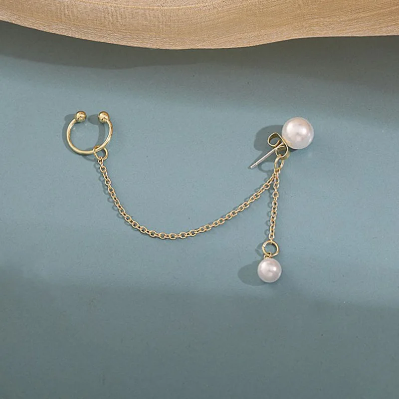 1PC Luxury Imitation Pearl Long Chain Tassel Clip Earrings Without Pierced Ear Cuff For Women Fashion Versatile Jewelry - купить по