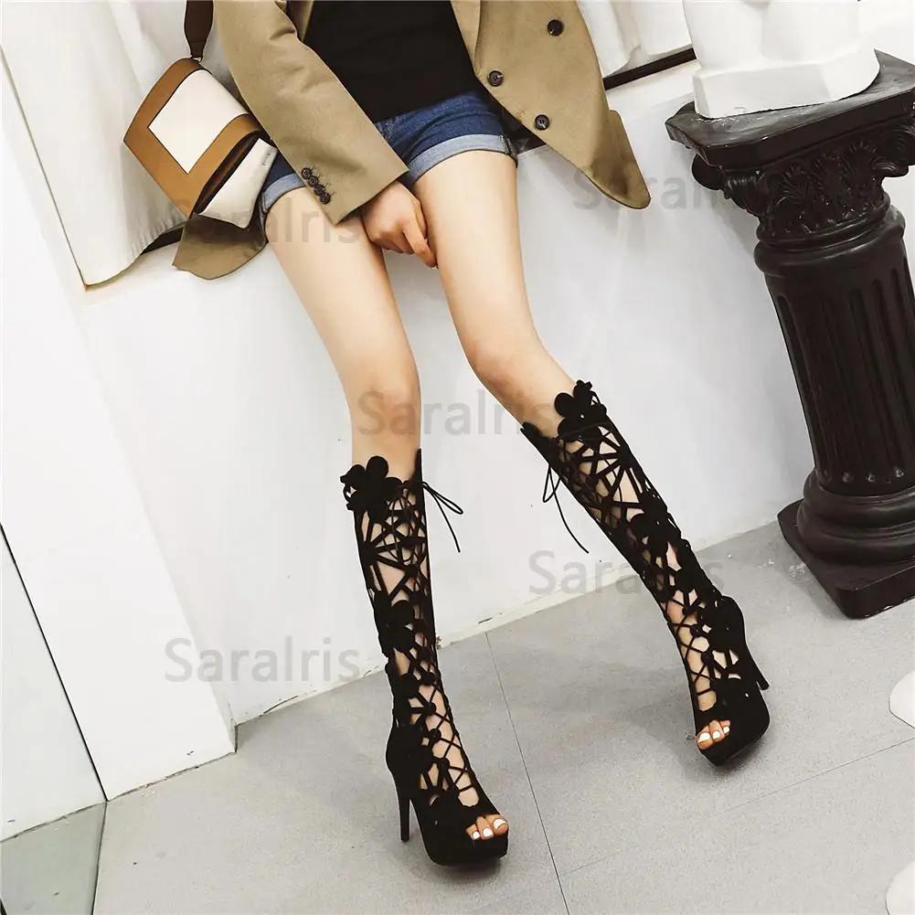 

Sarairis 2020 New Fashion Peep Toe Summer Boots Woman Shoes Flock Thin High Heels Platform Flowers Shoes Women Boots Female