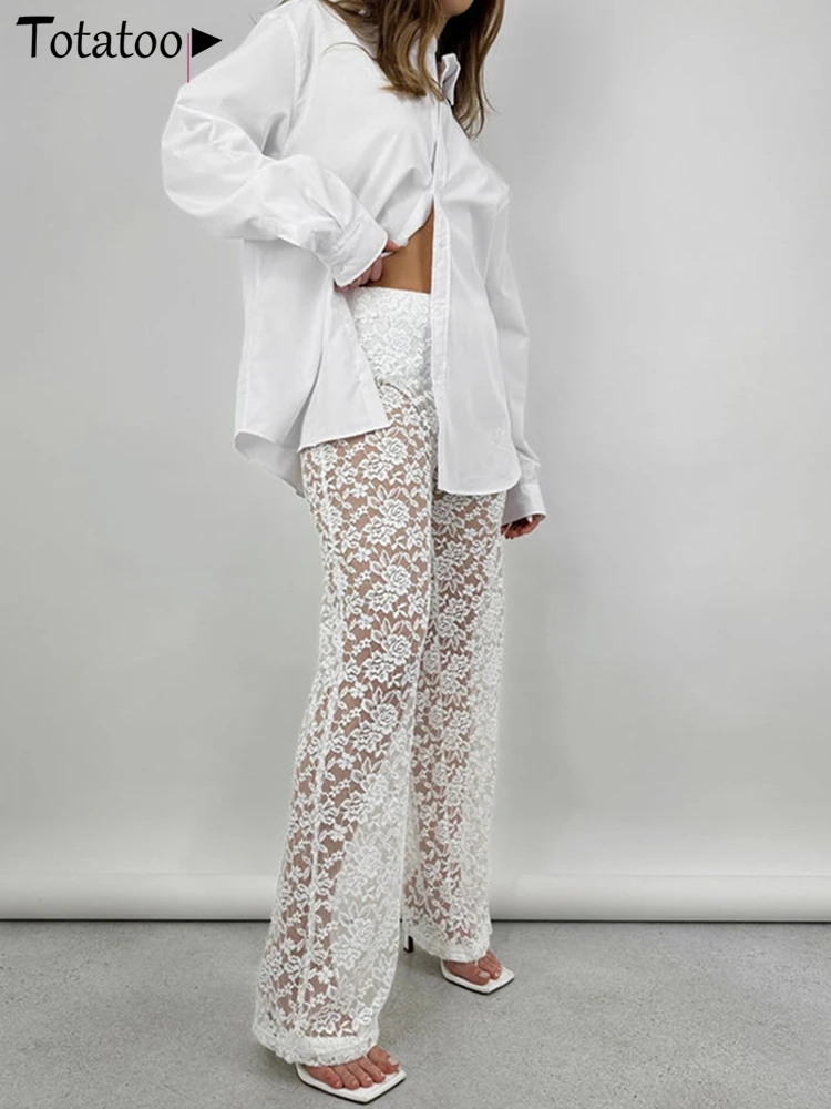 Женские сексуальные кружевные прозрачные прямые брюки с высокой талией широкие