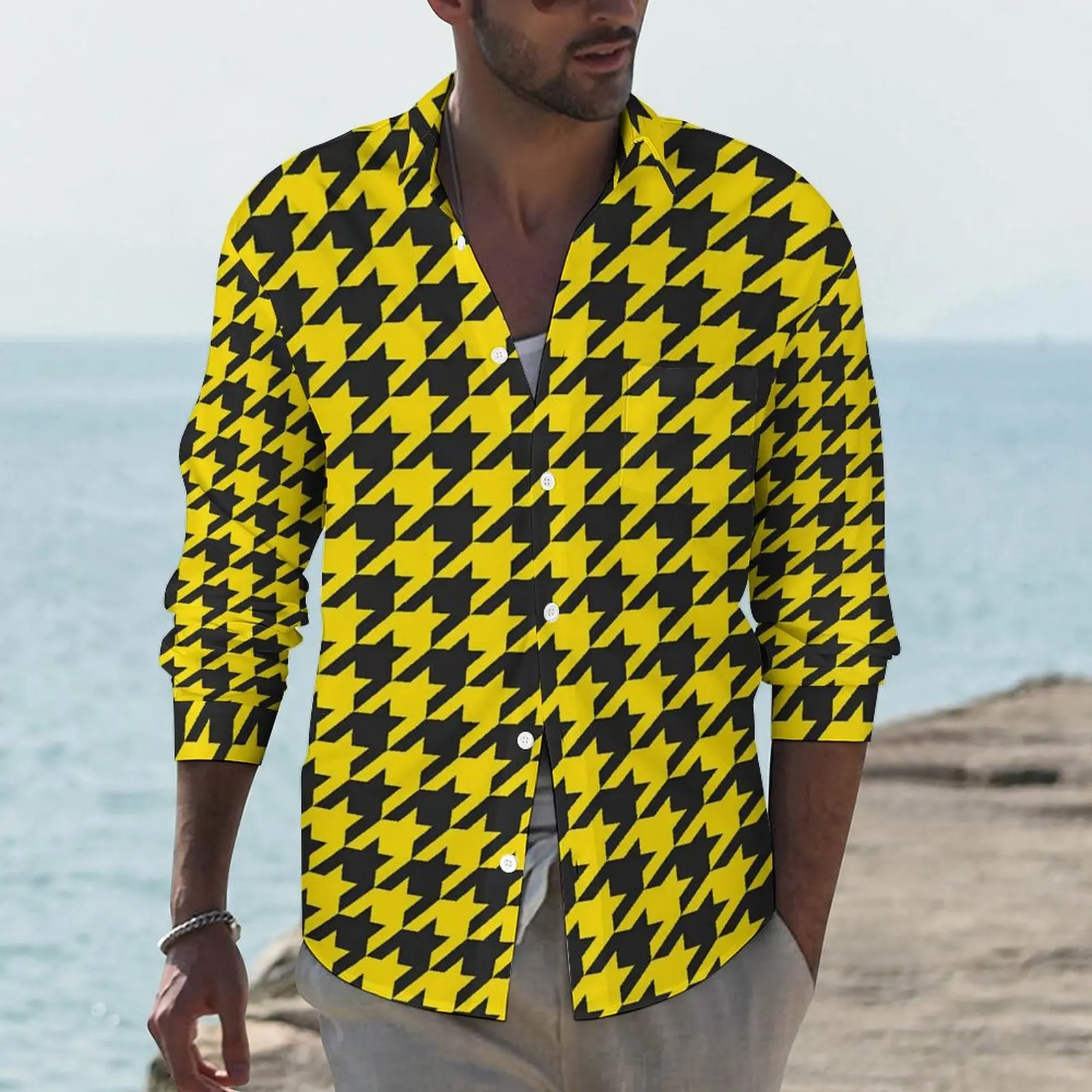 

Houndstooth Check Casual Shirts Male Cute Yellow Black Shirt Long Sleeve Trendy Street Style Blouses Custom Clothing Plus Size