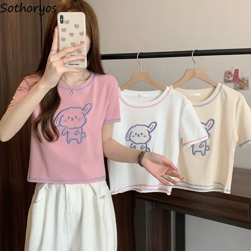

Cropped T-shirts Women Cartoon-embroidery Kawaii Clothes Summer Fashion Schoolgirls All-match O-neck Causal Short Sleeve Tops