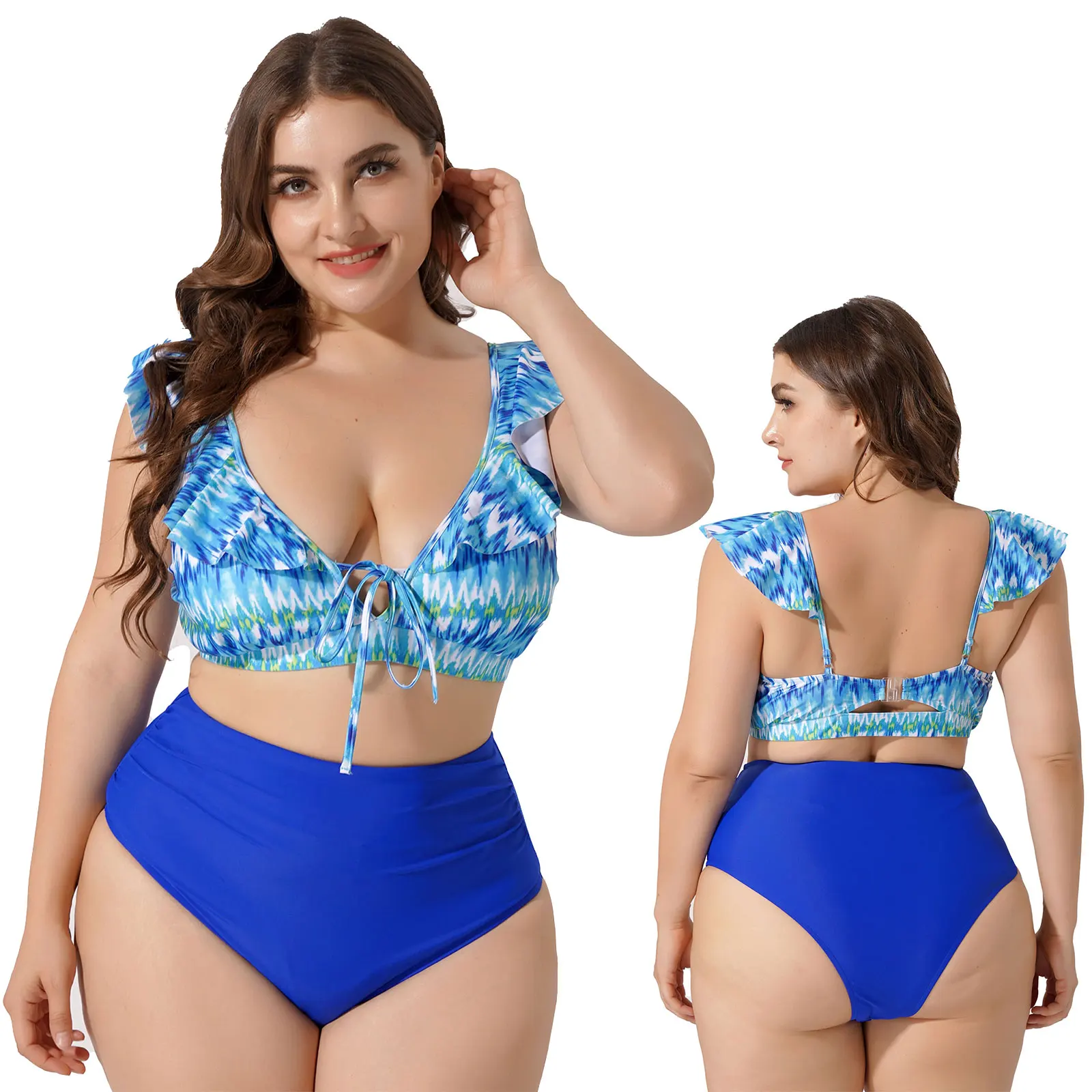 

Women Blue 2Pcs Plus Size 3XL Printed Ruffles Bikini Set V-neck Removable Bust Pads Trim Tops with Shorts Set Briefs Swim Suits