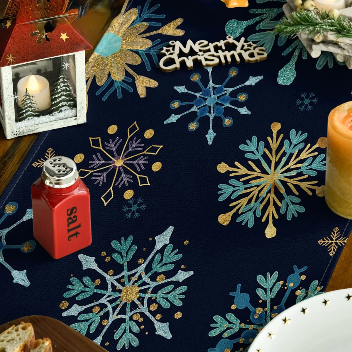 Рождественские синие снежинки шестиугольные льняные дорожки для стола декор