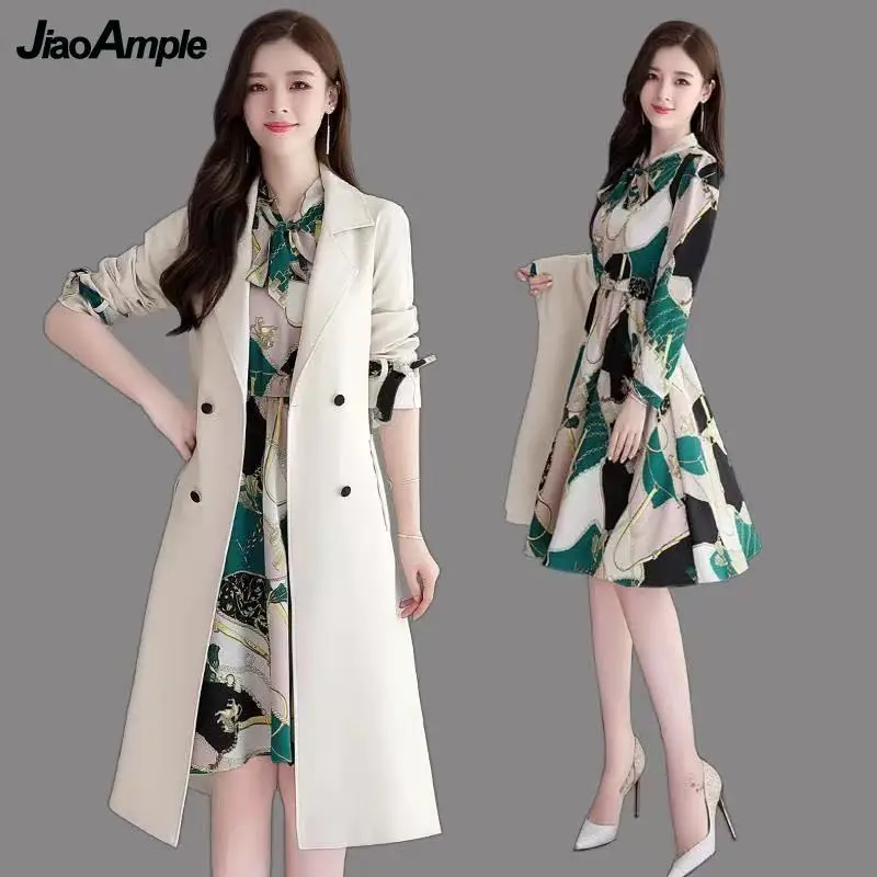 

Dress Women's Autumn 2022 New Fashion Waist Windbreaker Jacket + Printed Midi Skirt Two-piece Set Korean Elegant Casual Suit