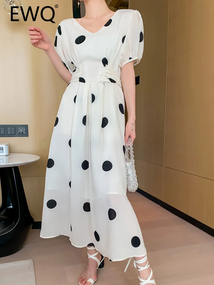 

Женское шифоновое платье в горошек, с коротким рукавом и V-образным вырезом