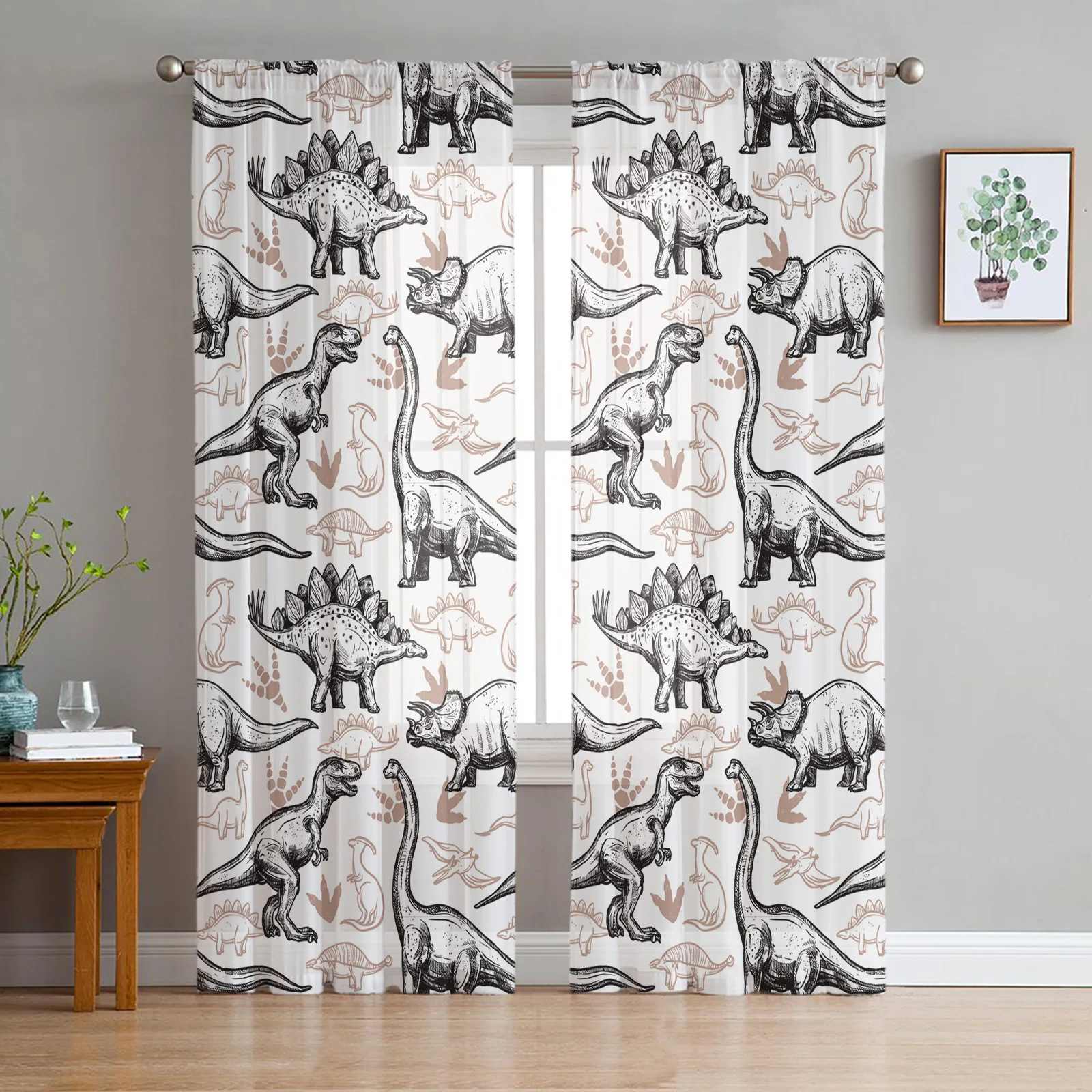 

Cartoon Dinosaur Print Sheer Window Panel Curtains Room for Living Room Bedroom Kitchen Room Chiffon Tulle Curtains