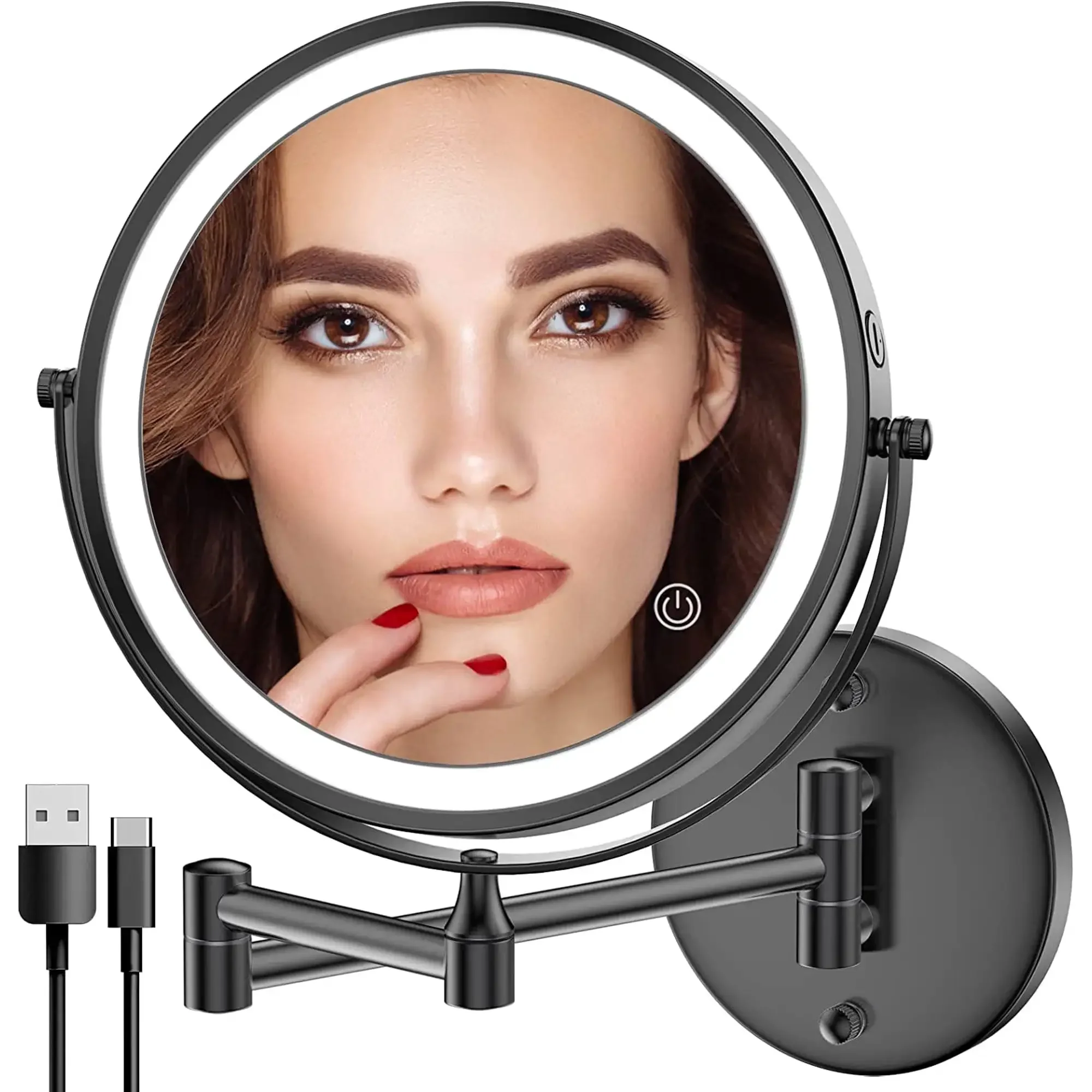 

Rechargeable Black Premium Wall Makeup Mirror 1X/10X Magnification, 8 Inch Double-Sided LED Vanity Mirror, 3 Color Lights Touch