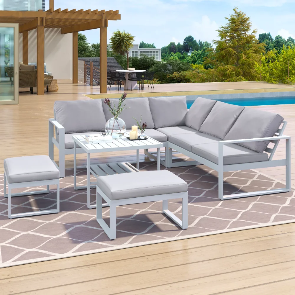 

Комплект уличных комбинированных диванов Euroco с накладным столом, комплект стальных диванов для внутреннего дворика на 7 человек, белого цвета