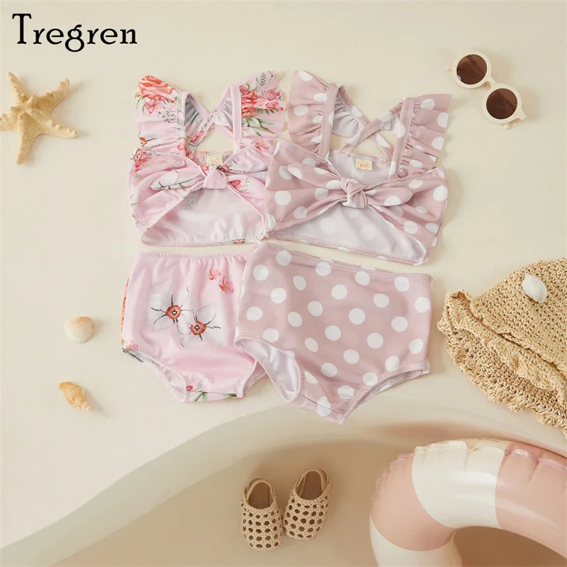 

Tregren Kid Girls Summer Swimwear Sets Ruffle Swimsuit Sleeve Bowknot Camisole + Dot/Floral Print Shorts Beachwear For 6M-4Y