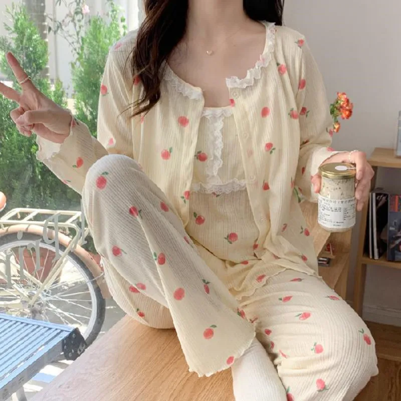 3pcs Pajamas Set Women Cotton Long Sleeve Floral Sleepwear Night Suit Cute Sweet Spring Autumn Print Home Wear Sleepwear Female