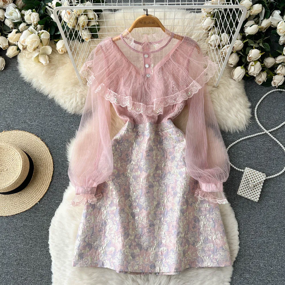 

2022 Vintage Court Style Women's Dress, Autumn New Fairy Mesh Ruffled Stitching Jacquard Short Formal Dress Tide