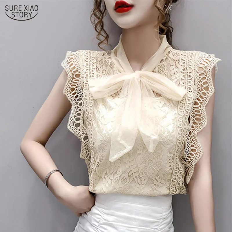 

Solid Hollow Out Shirt Korean Fashion Clothing Vintage Sleeveless 2022 Womens Tops and Blouses Lace Patchwork Blusas 9811