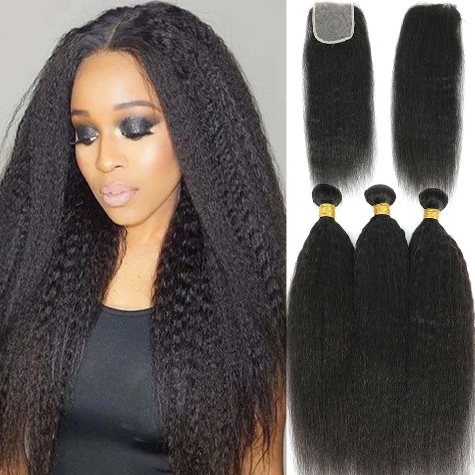 

30 36 40 Inch Kinky Straight Human Hair Bundles With Closure Frontal Remy Brazilian Hair Weave Bundles with Closure Frontal