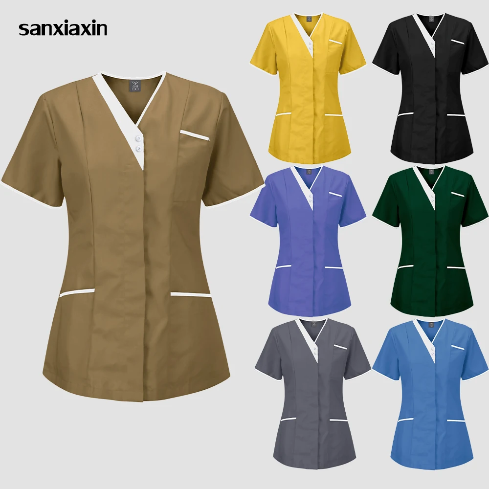 

New Nursing Scrubs T-Shirt Tops Casual Short Sleeve V-neck With Button Blouse Women Scrubs Uniforms Women Nurse Clothing XS-2xl