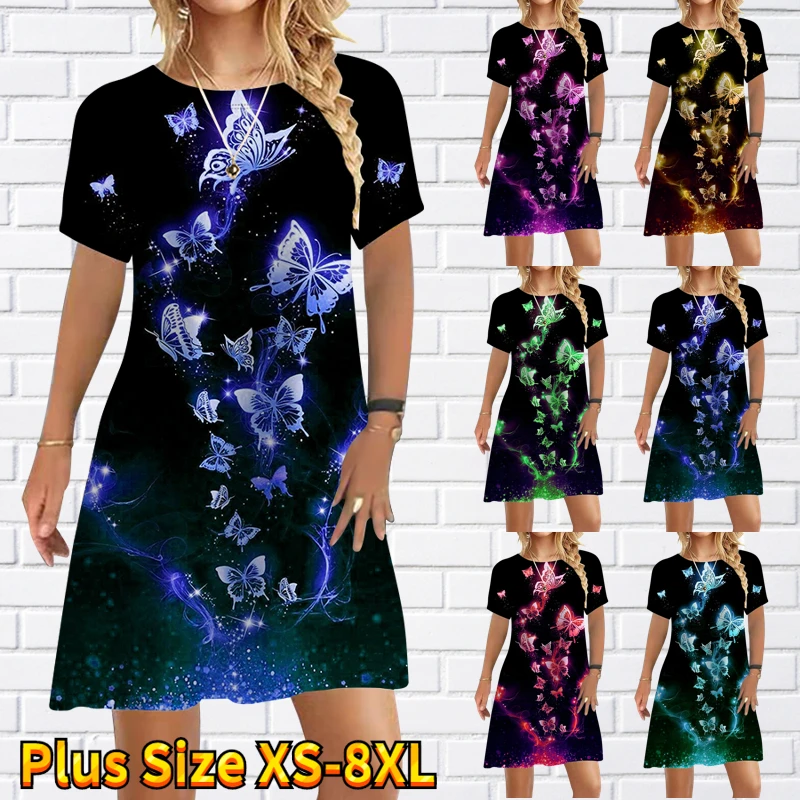 

2022 Summer Women Daily Street Butterfly Print Short Sleeve Skirt Round Neck Vintage Loose Knee-length Skirt Elegance Midi Skirt