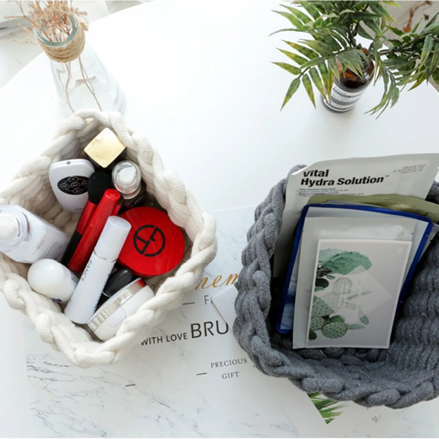 

Nordic Cotton Line Hand-woven Storage Basket Lipstick Cosmetics Storage Box Large Capacity Sundries Key Snack Desktop Organizer