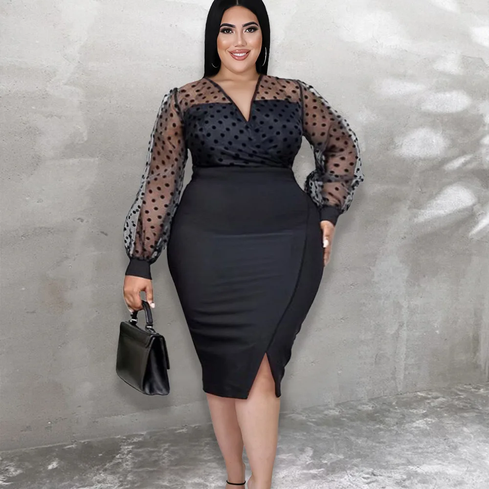 

Женское платье-карандаш с длинным рукавом, плиссированное платье в горошек с завышенной талией и V-образным вырезом, элегантное офисное пла...