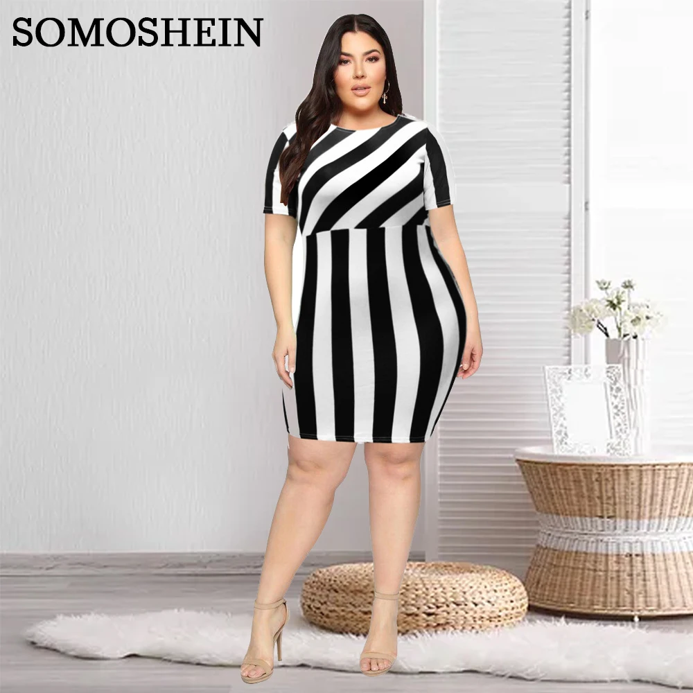 

SOMOSHEIN Plus Size Women Clothing Elegant Short Sleeve Round Neck Midi Dress Striped Print Fashion Dress Wholesale Dropshipping