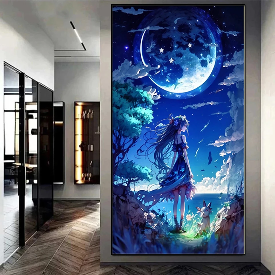 

Алмазная живопись с изображением девушки из аниме «фантазия», новинка 2023, Алмазная мозаика 5D «сделай сам» с изображением большой Луны, вышивка крестиком, украшение для дома