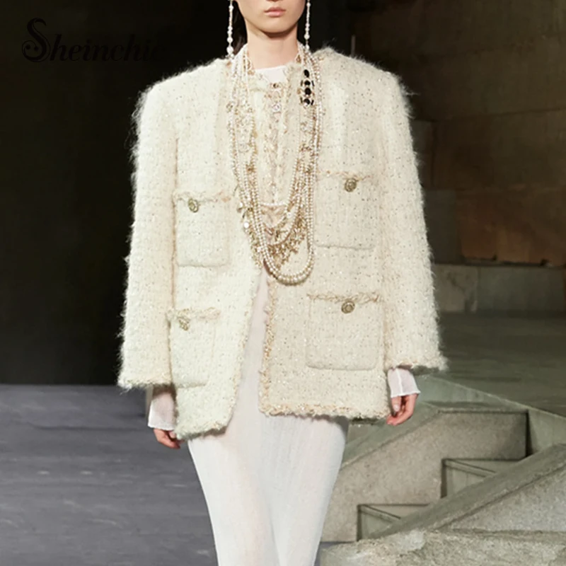 

Женская твидовая куртка, бежевая куртка из твида, шерстяное пальто в Корейском стиле, уличная одежда для зимы, 2022