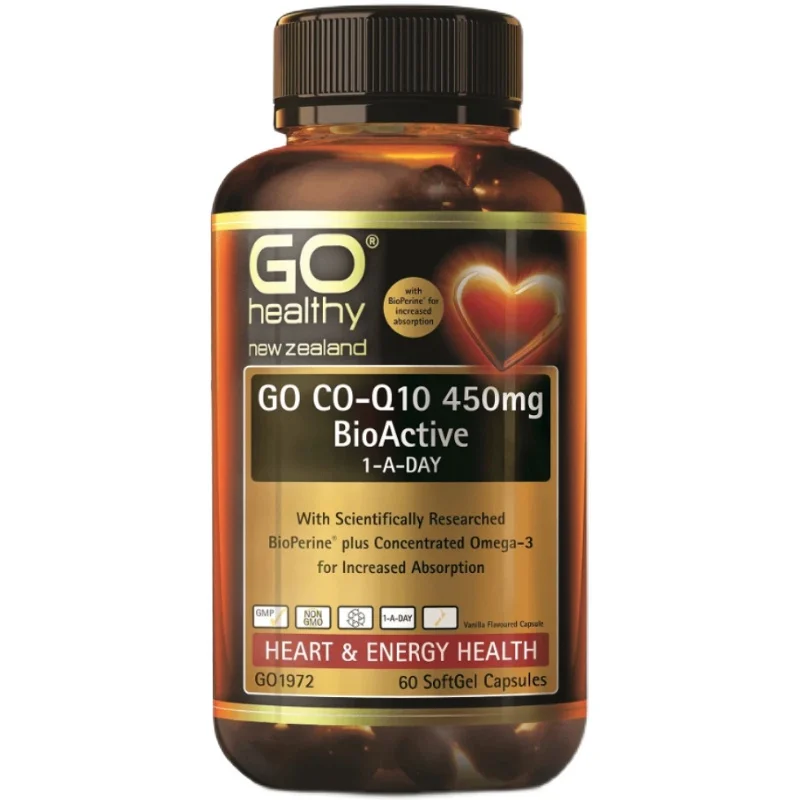 NewZealand Go Healthy Max Strength CoQ10 450mg 60Capsules SoftGel Support for Heart Health Energy Levels Flaxseed Oil Vitamin D3