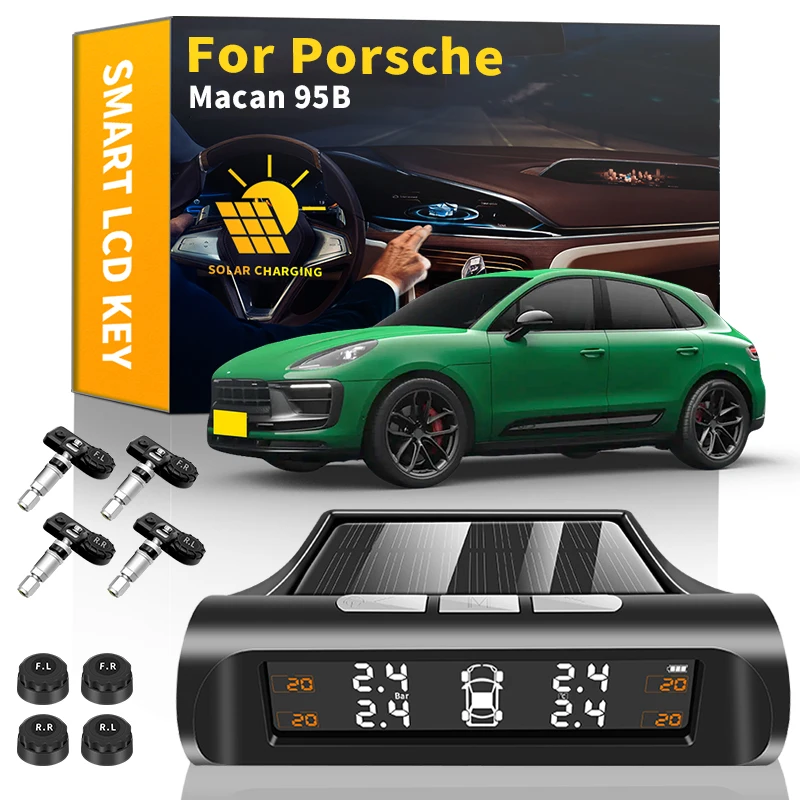 

Беспроводная система контроля давления в шинах автомобиля TPMS на солнечной энергии, ЖК-дисплей, датчик давления в шинах для Porsche Macan 95B, аксесс...