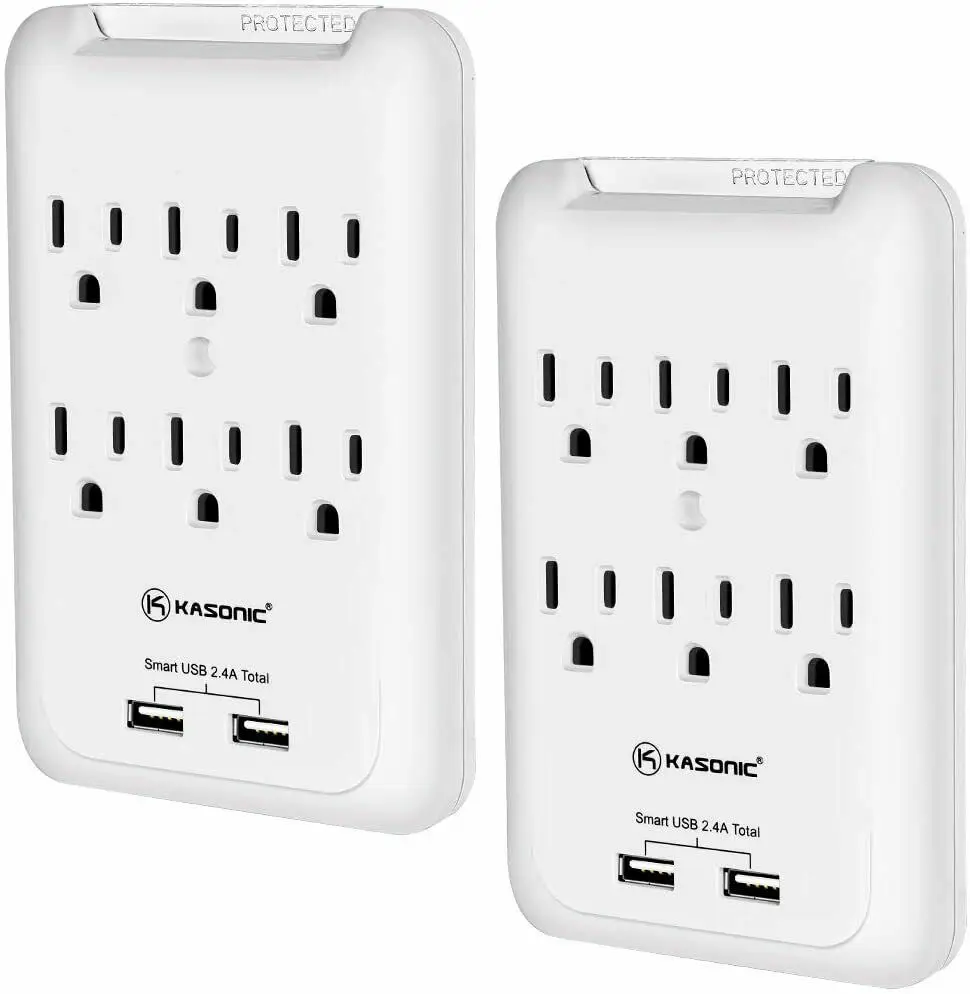

6-Outlet Wall Mount Surge Protector 2 Pack, 900 Joules Power Strip with 2 USB Smart Charging Ports (Total 2.4 Amp), Protection I