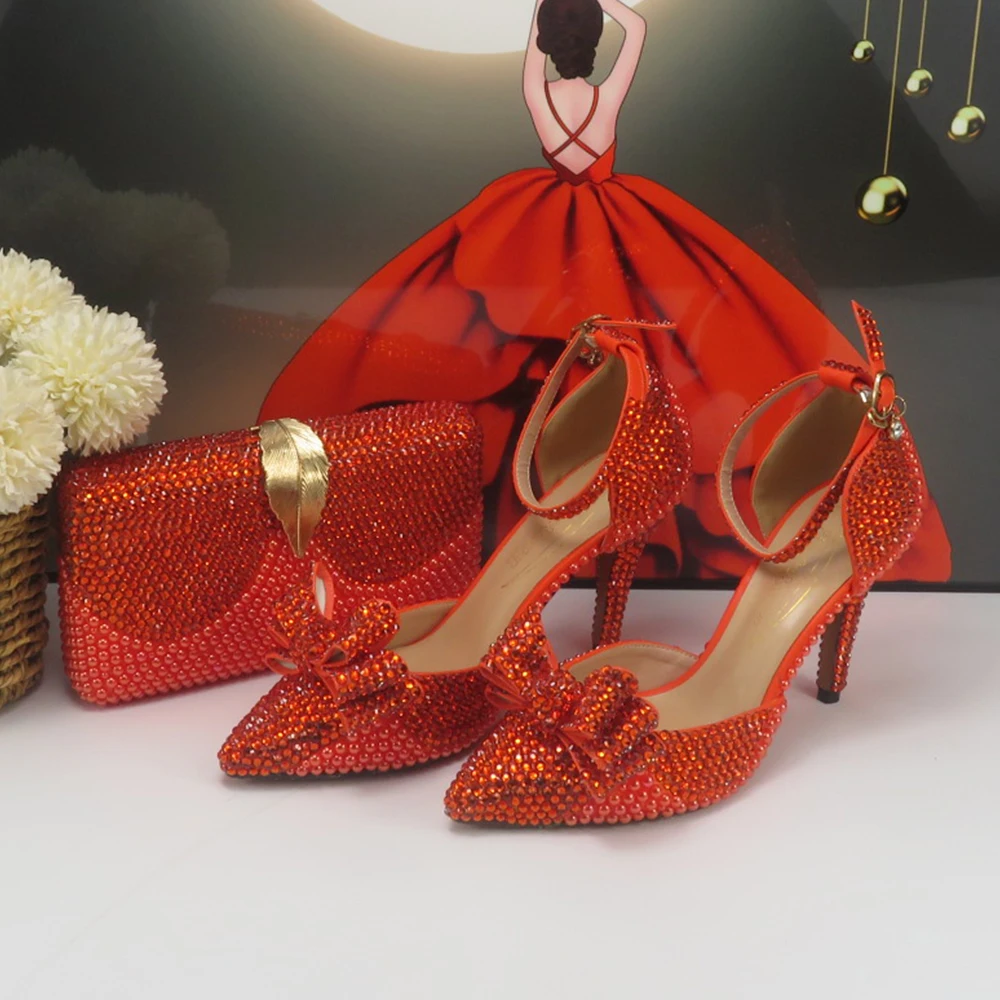 

Новое поступление, свадебные туфли и сумки BaoYaFang с оранжевым жемчугом и кристаллами, Женская Блестящая обувь, высокие туфли-лодочки с ремешком на щиколотке
