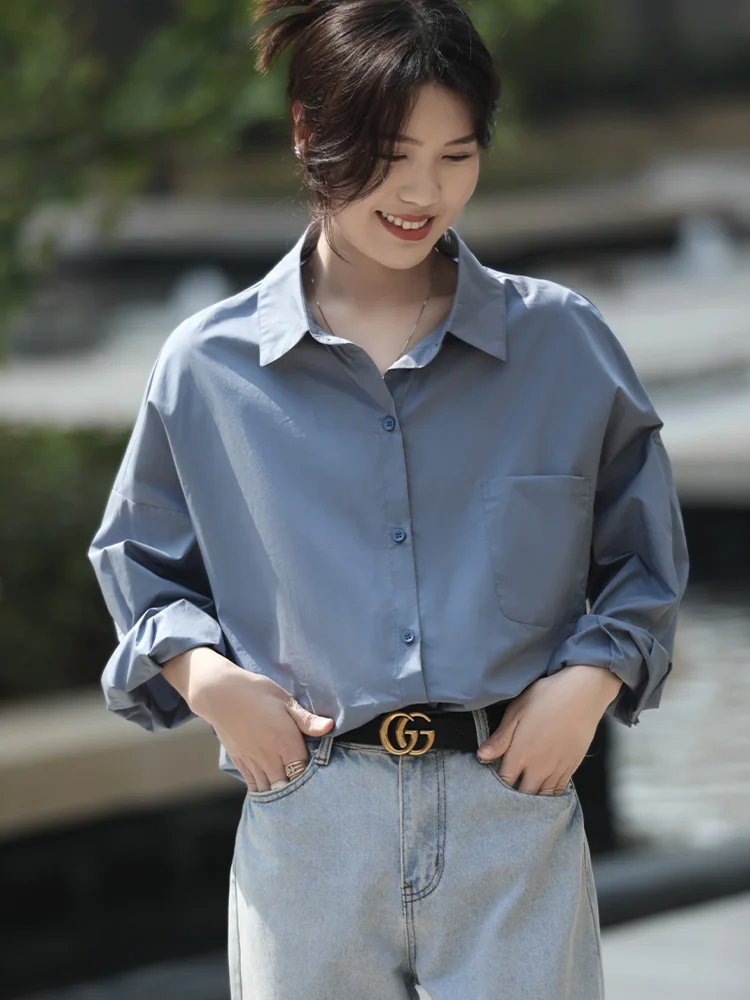 

2023 Spring Autumn Women Shirts White Plain Loose Oversized Blouses Female Tops Casual Loose BF Korean Style Blusas Pockets