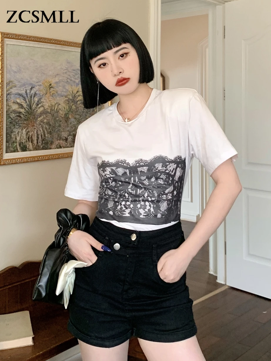 

ZCSMLL Goth Print White Bandage T-Shirts Women Short Sleeve Tees Summer 2022 Tunic Tshirt Desinger Top Gothic Clothing