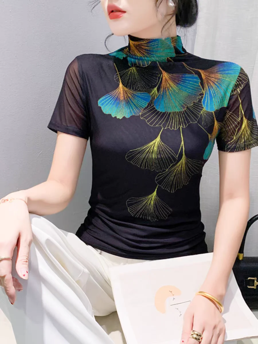 Женская эластичная водолазка базовая модная Сетчатая футболка с принтом