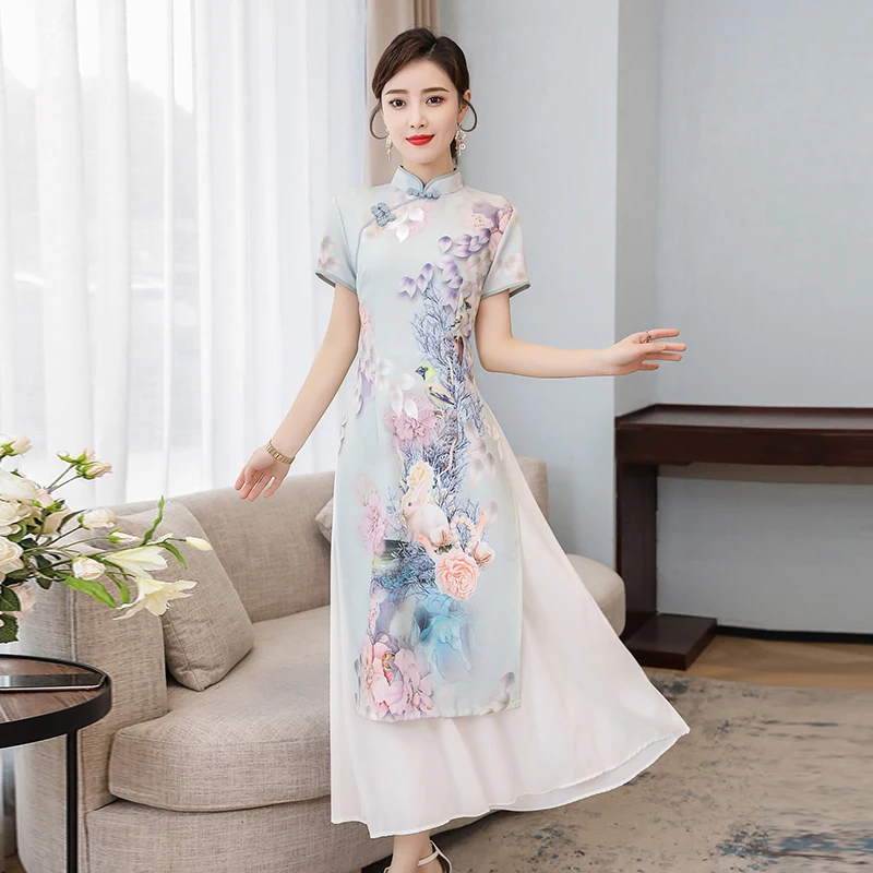 Summer Elegant Slim Womens Clothing Landscape Painting Cheongsam White Dress Qipao Chiffon Robe Vintage Chinese Style Dresses