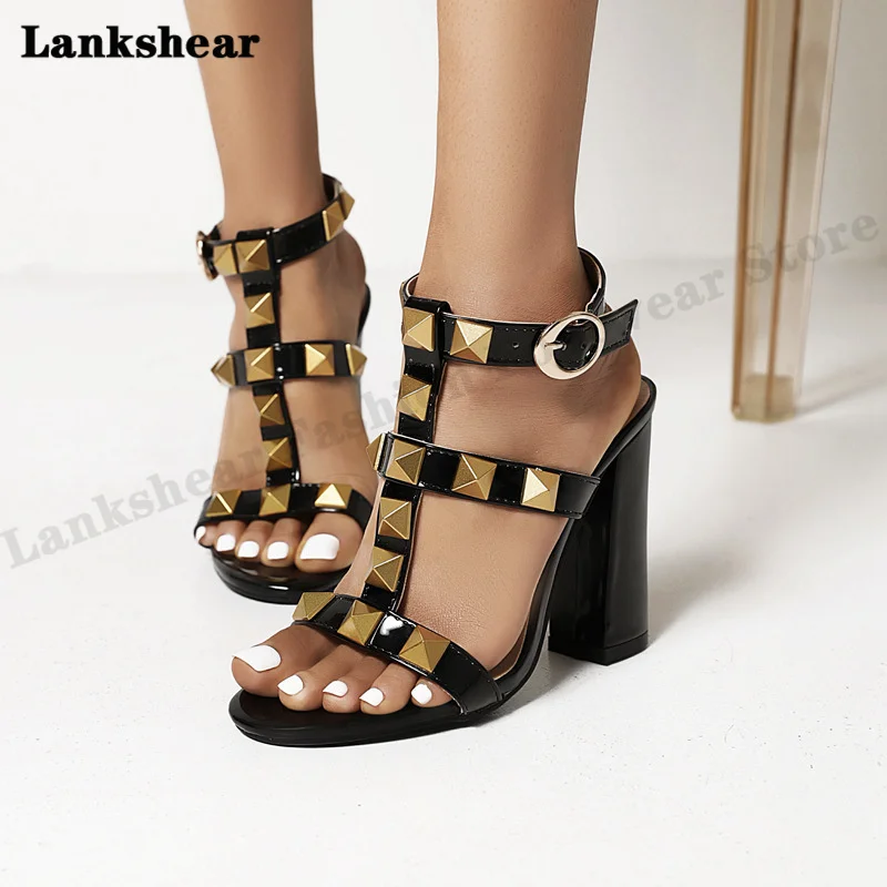 

Босоножки женские на высоком каблуке, модные сандалии с заклепками, на толстом каблуке, повседневная обувь для вечеринок, скандальная платформа, большие размеры 34-47