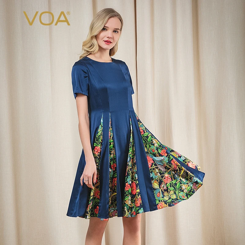 

【Bottom Price】VOA Satin Stretch Silk Printing O-Neck Short Sleeve Office Lady Rear Zipper A-Line Slim Summer Dress Women A10921