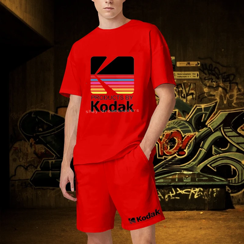 S-4XL 100%Cotton Tracksuit 2 Piece Outfits Designer Brand Kodak Suits Summer Fashion Kodak Letter Print Men T-Shirt Sets