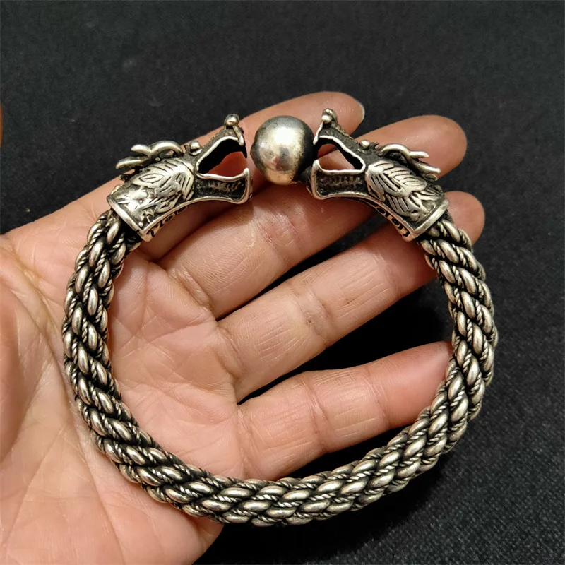 

Hot Selling Natural Hand-carved Ibetan Silver Dragon Fashion Jewelry Bracelet Accessories Men Women Luck Gifts