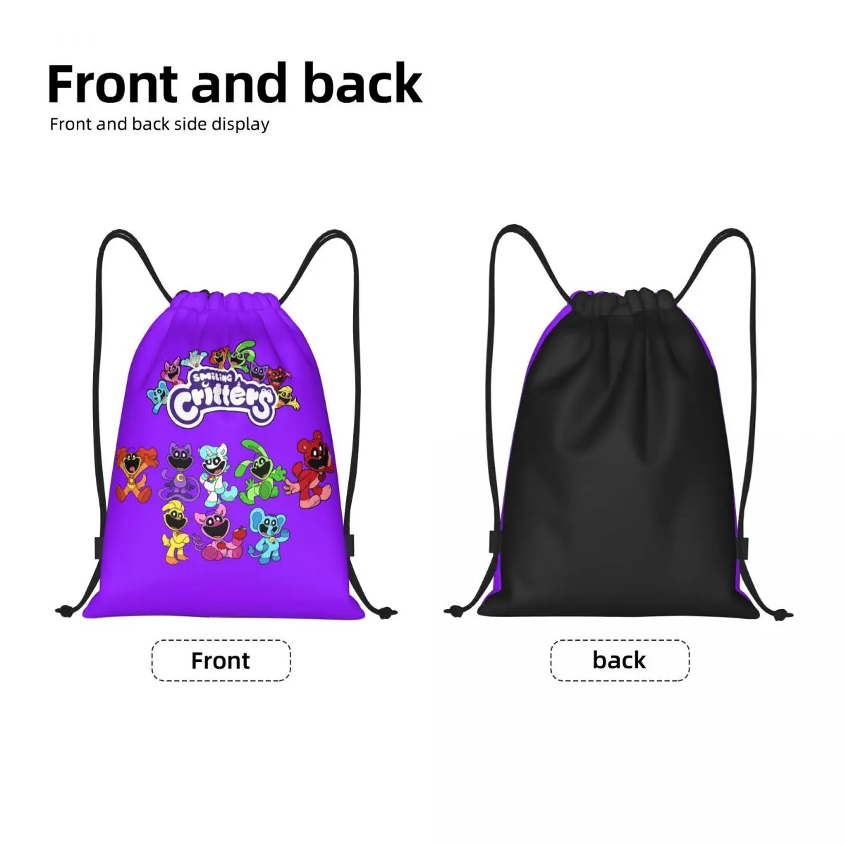 Custom Colorful Smiling Big Mouth Critters Group Drawstring Bags for Shopping Yoga Backpacks Scarry Animated Game Sports Gym