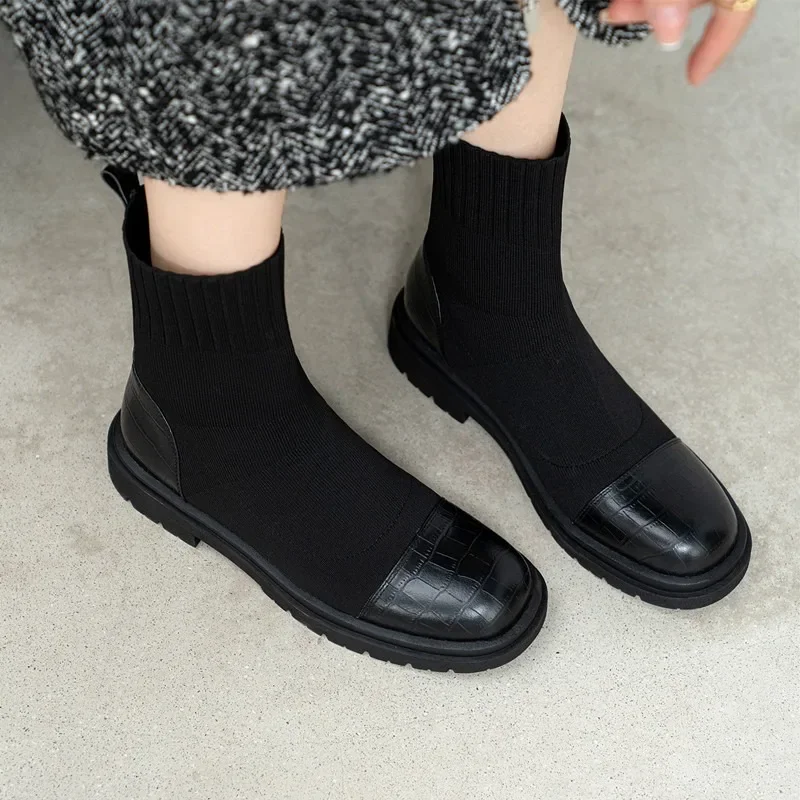 

Booties Chunky Short Shoes for Women Brown Sock Footwear Platform Elastic Female Ankle Boots Trend 2023 New Botines Chelsea