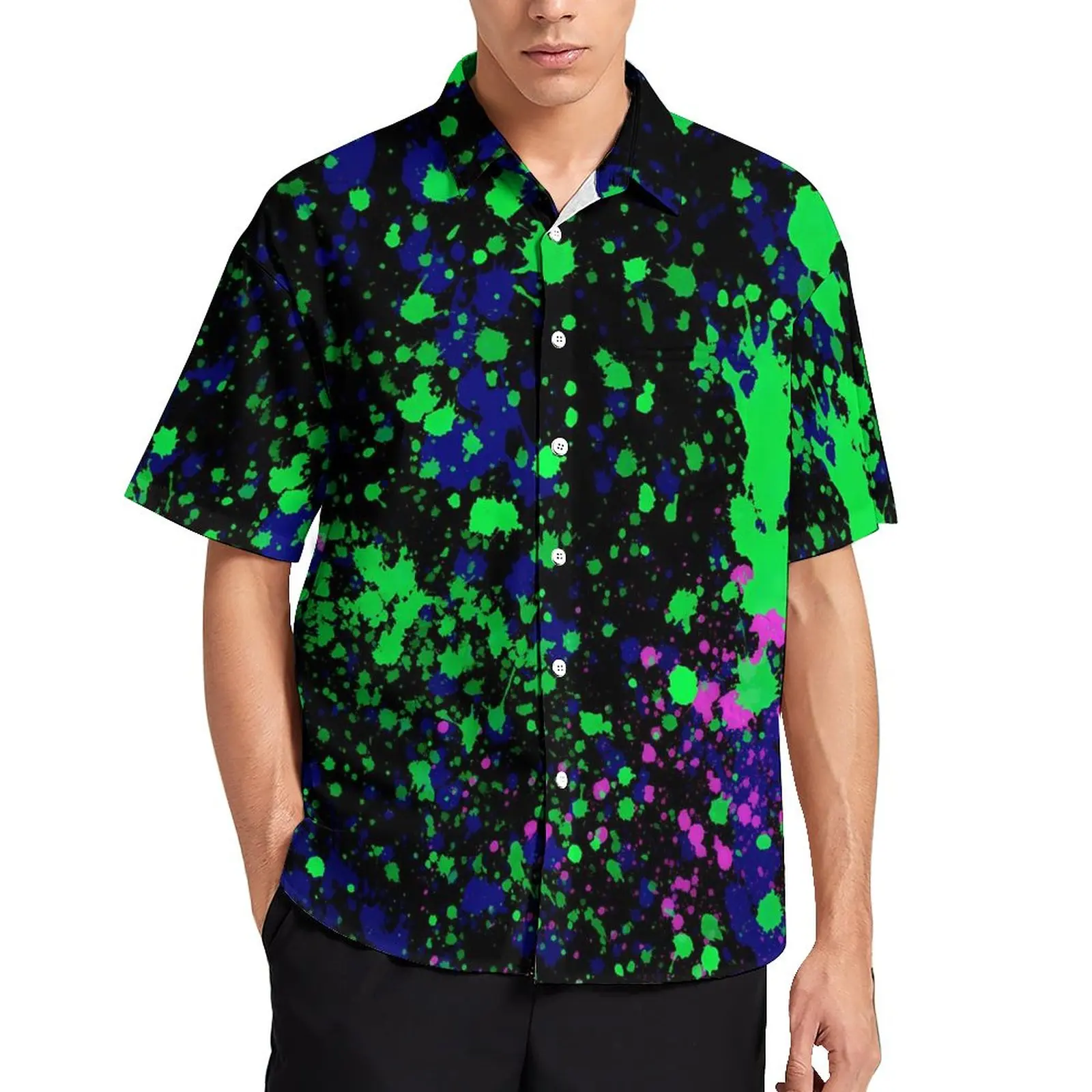 

Повседневная рубашка с неоновыми рисунками, голубая и розовая пляжная Свободная рубашка, гавайская уличная одежда, блузки, Одежда большого размера с коротким рукавом и принтом