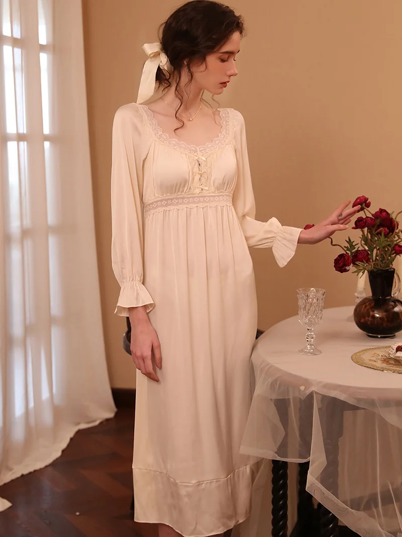 Women Spring Summer French Silk Lace Hollow Out Long Sleeve Nightdress Sexy Nightgowns Victorian Vintage Princess Sleepwear